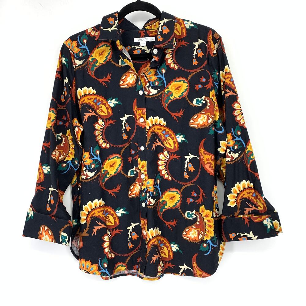Chicos Button Front Long Sleeve Shirt Womens Sz 2 US 12 Multicolor Paisley Print